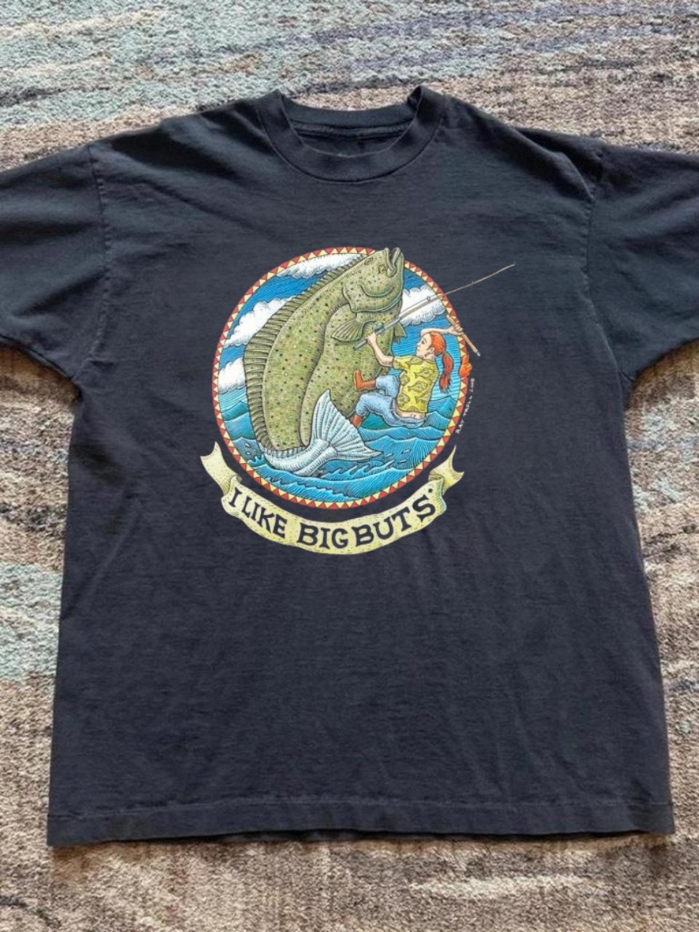 Gildan Black Graphic Tee with Green Fish and Multicolor Angler Design